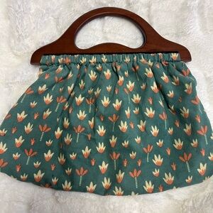Floral Print Women's Bag with Wooden Handle